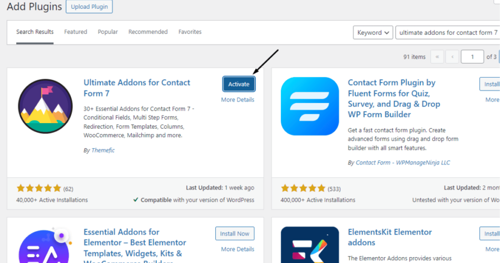 Activate ultimate addons for contact form 7