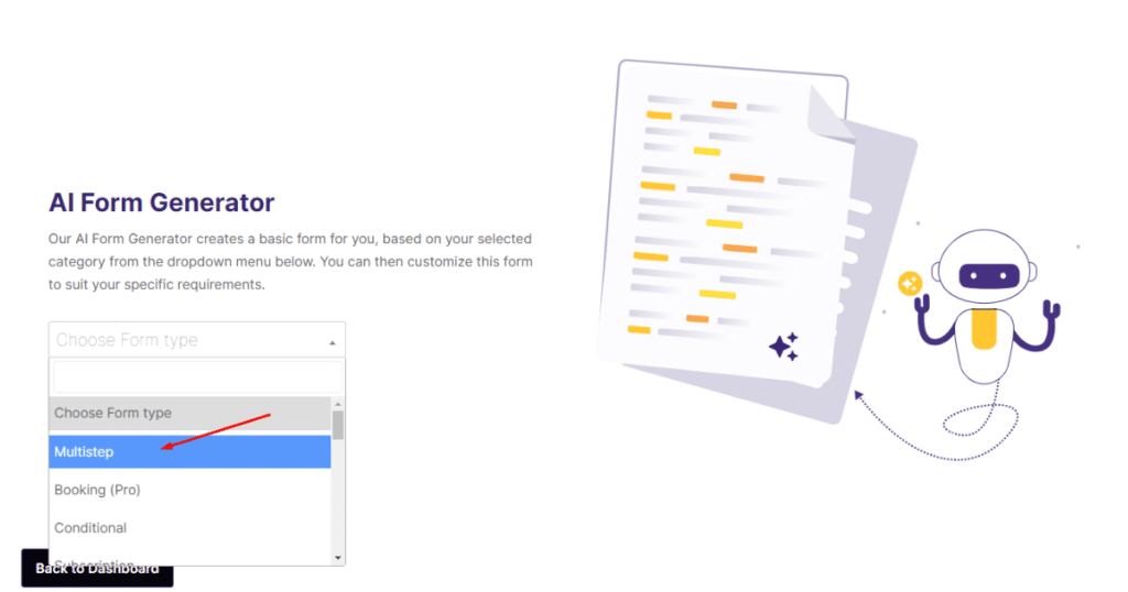 Choose a form type from the drop-down menu of AI Form Generator