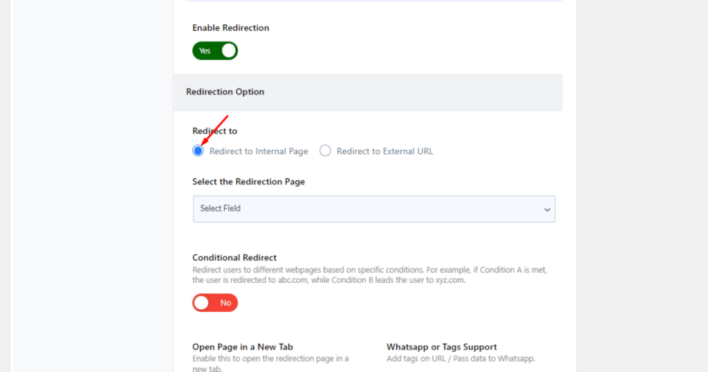 Choose radio button of Redirection Option in UACF7