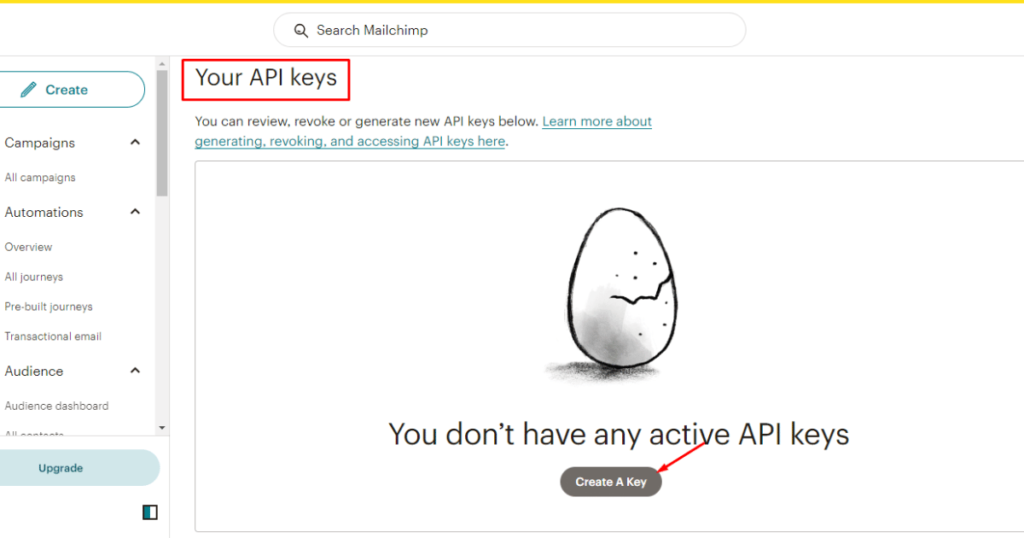 Click create a key buton in mailchimp
