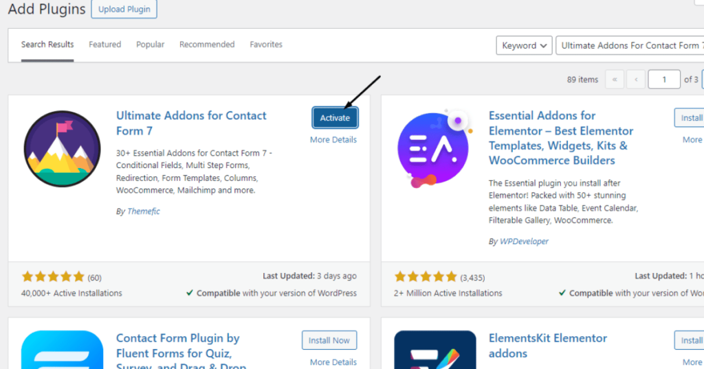 Click the Activate button of Ultimate Addons For Contact Form 7 plugin