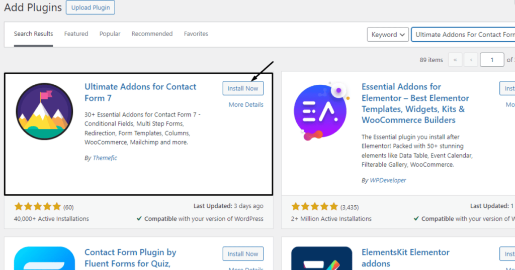 Click the Install Now button of Ultimate Addons For Contact Form 7 plugin