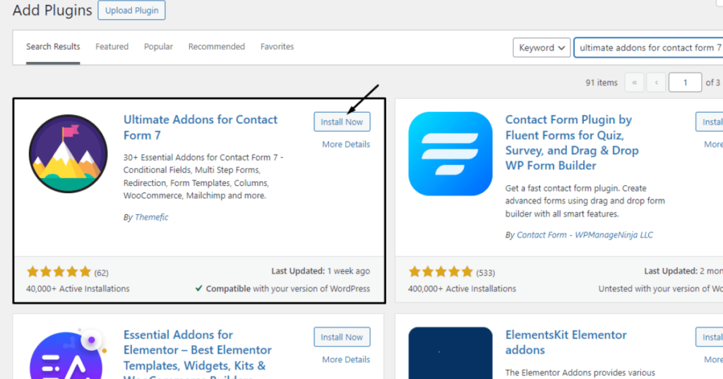 Click the Install now button of ultimate addons for contact form 7