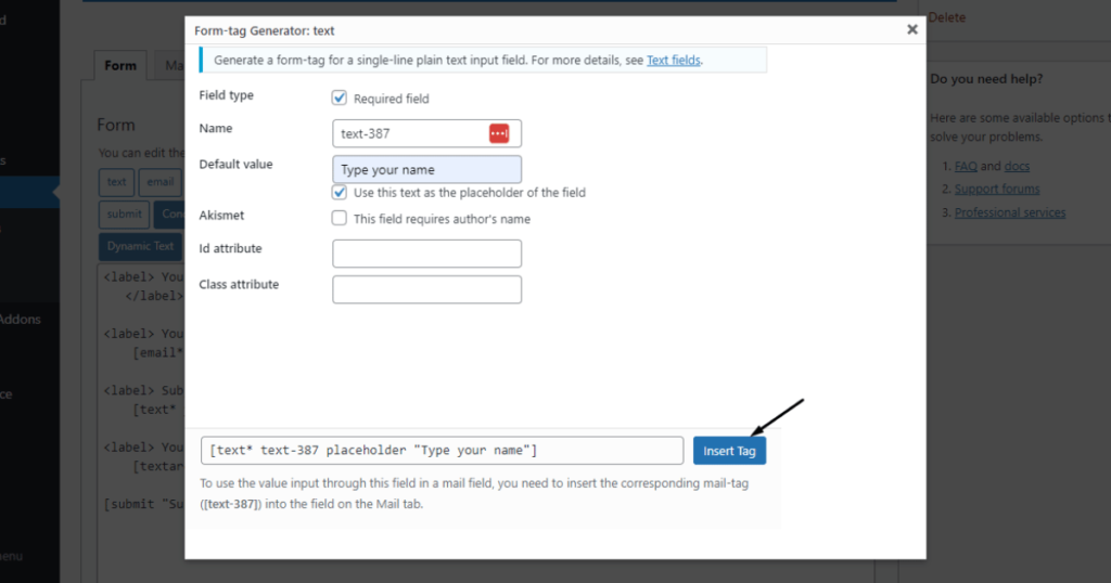 Click the insert tag button of Form-tag Generator text