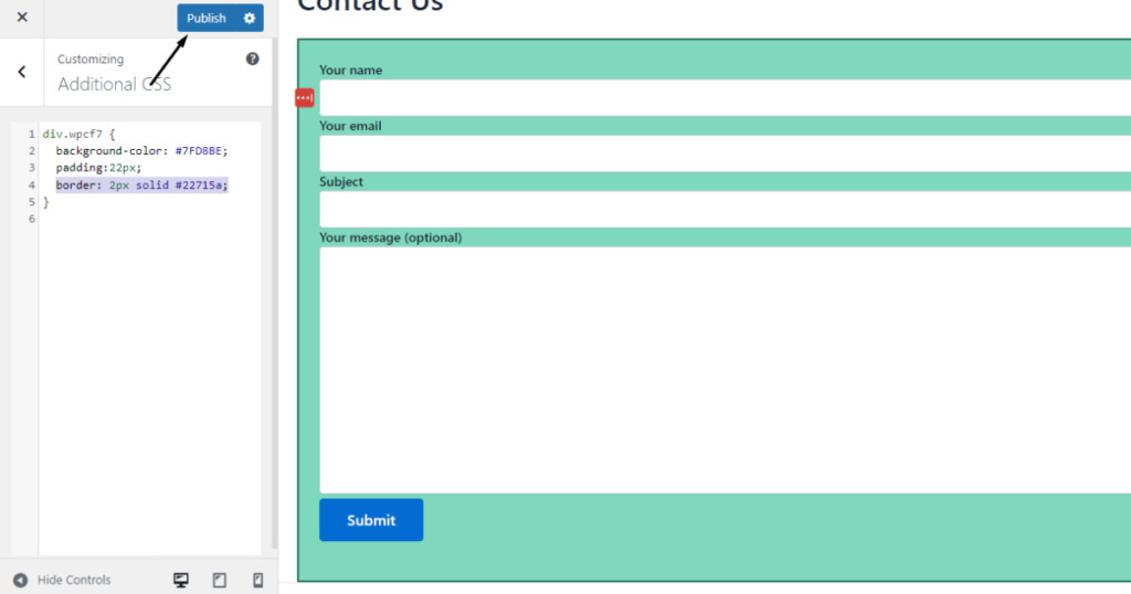 Click the publish button after editing a form with CSS