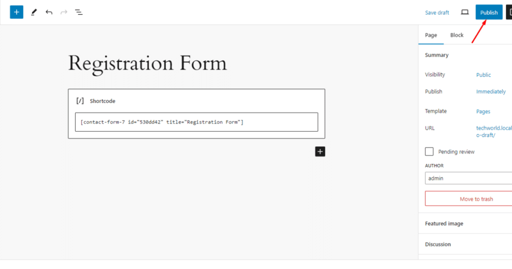 Click the publish button of the Registration Form page