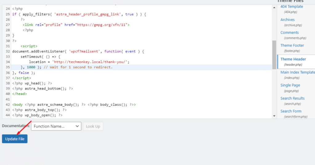 Click update file button in theme file editor