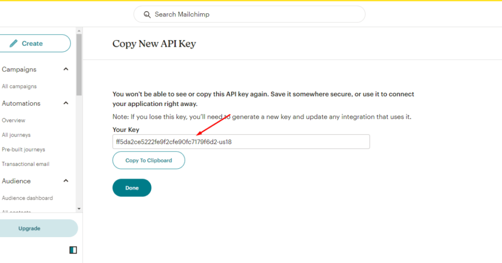 Copy API key in Mailchimp