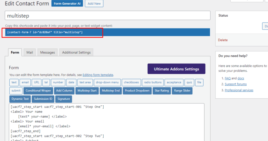 Copy the Multi-step Form shortcode