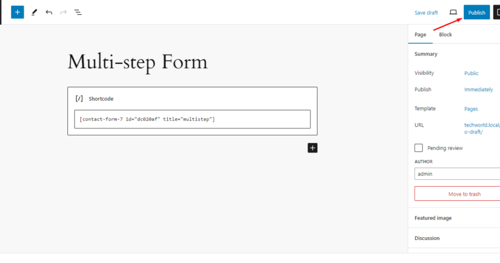Hit the publish button of multi-step form page