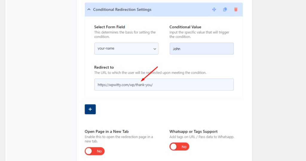 Input redirection URL in Redirect to field of conditional redirect in UAFC7