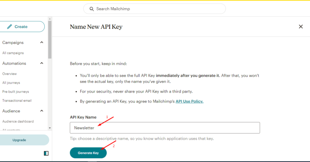 Name your API key and hit the generate key button