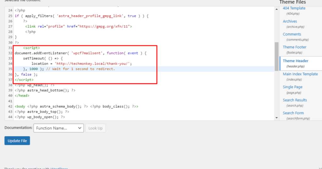 Paste code snippet right above wp_head function in theme file editor