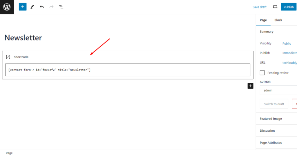 Paste contact form shortcode into another block