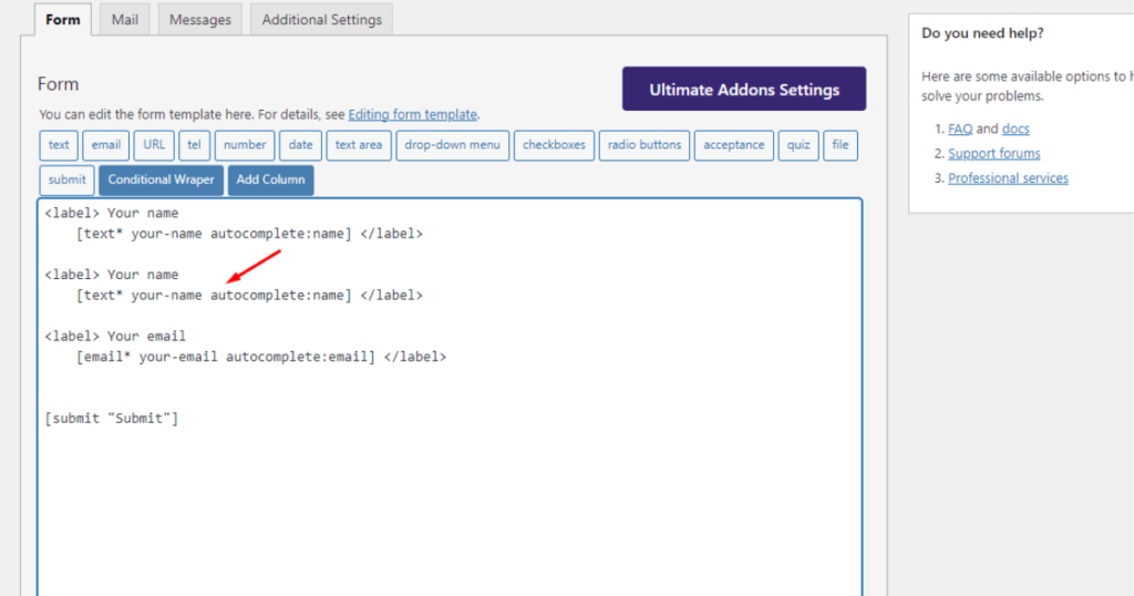 Paste your name label tag in contact form