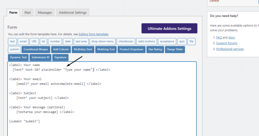 Placeholder text tag inside the form