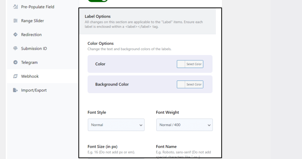 Screenshot of Label Options in Form Styler