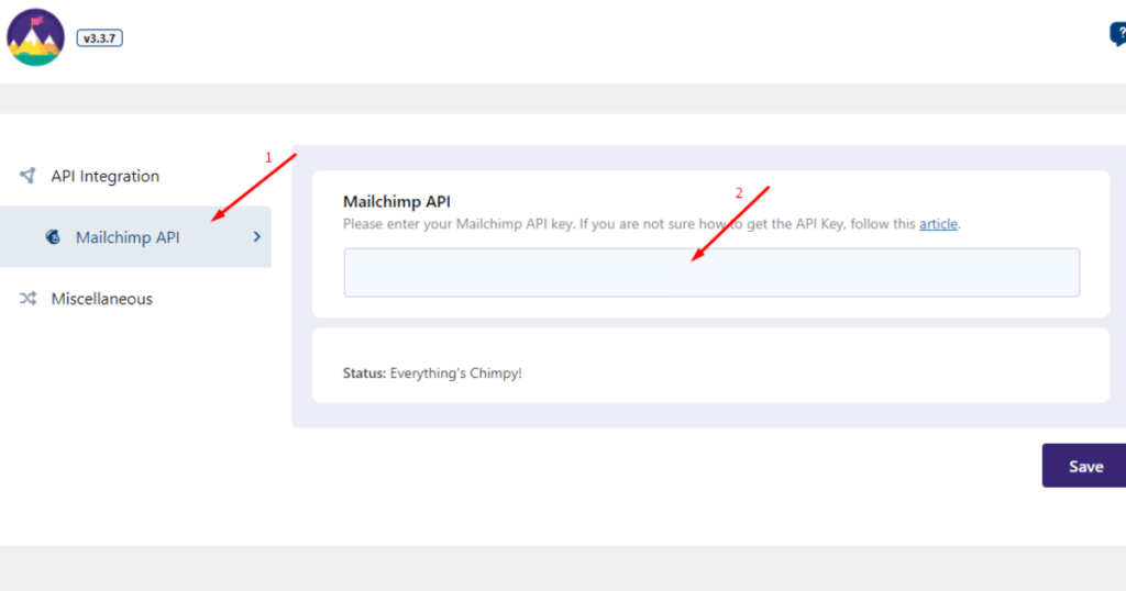 Screenshot of Mailchimp API settings in Ultimate Addons