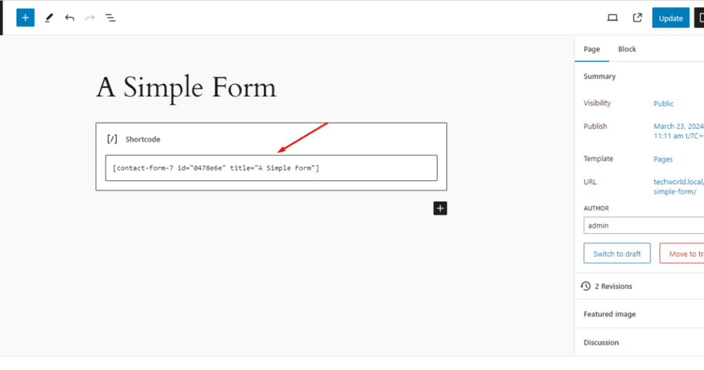 Screenshot of a simple form after pasting the shortcode