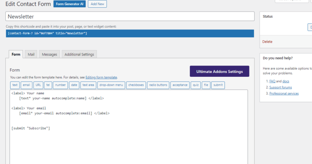 Screenshot of form editor in Contact Form 7