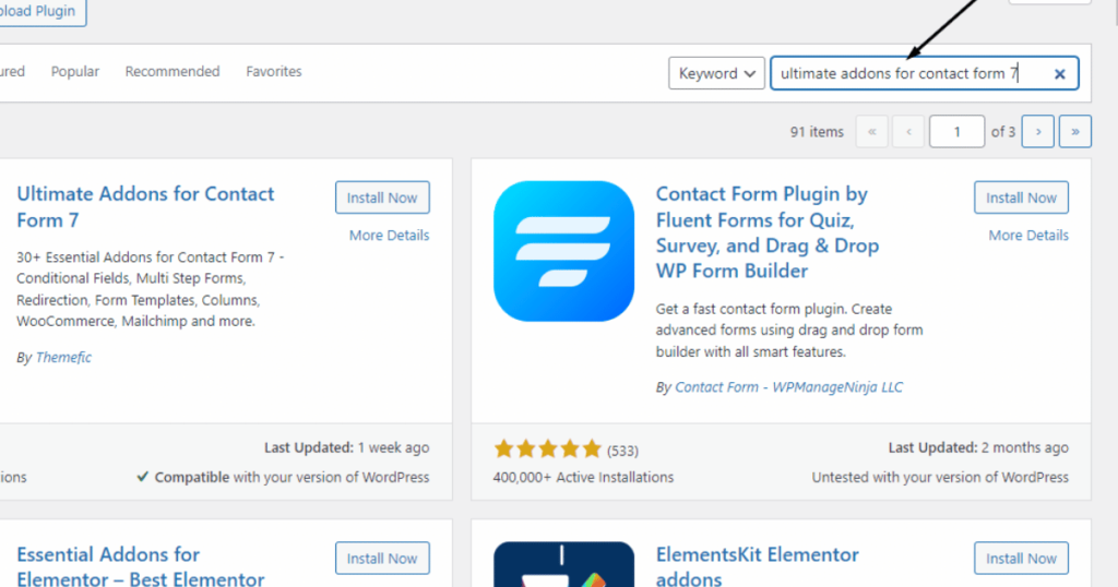 Search ultimate addons for contact form 7 in the plugin search bar