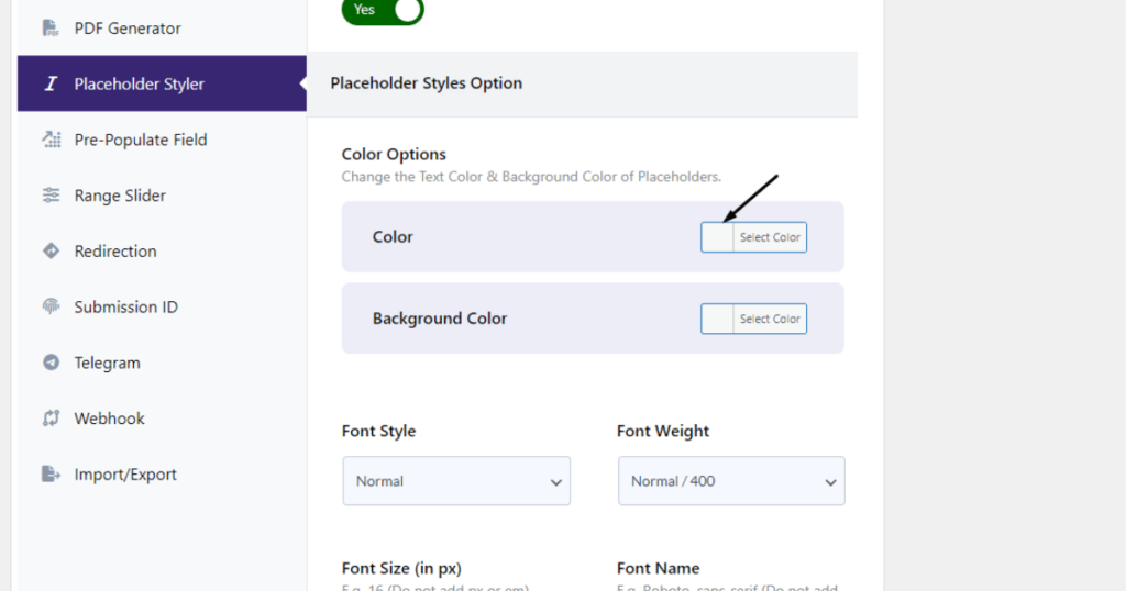 Select color in the placeholder styling feature