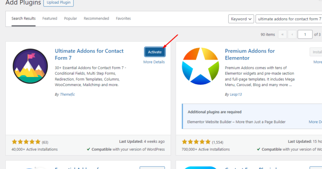 Click the Activate button of Ultimate Addons for Contact Form 7