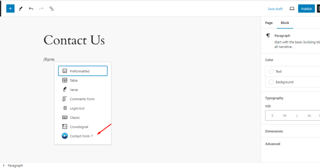 Click contact form 7 in block editor