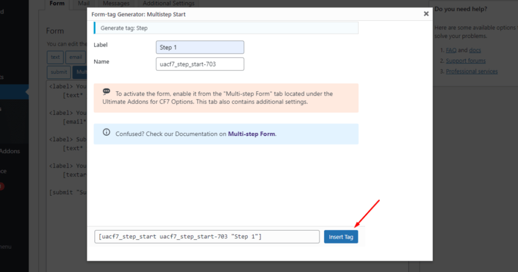 Click Insert Tag button in the Form-tag Generator popup