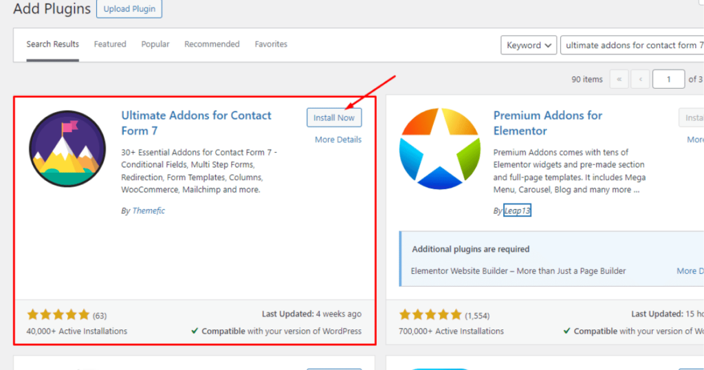 Click Install Now button of Ultimate Addons for Contact Form 7