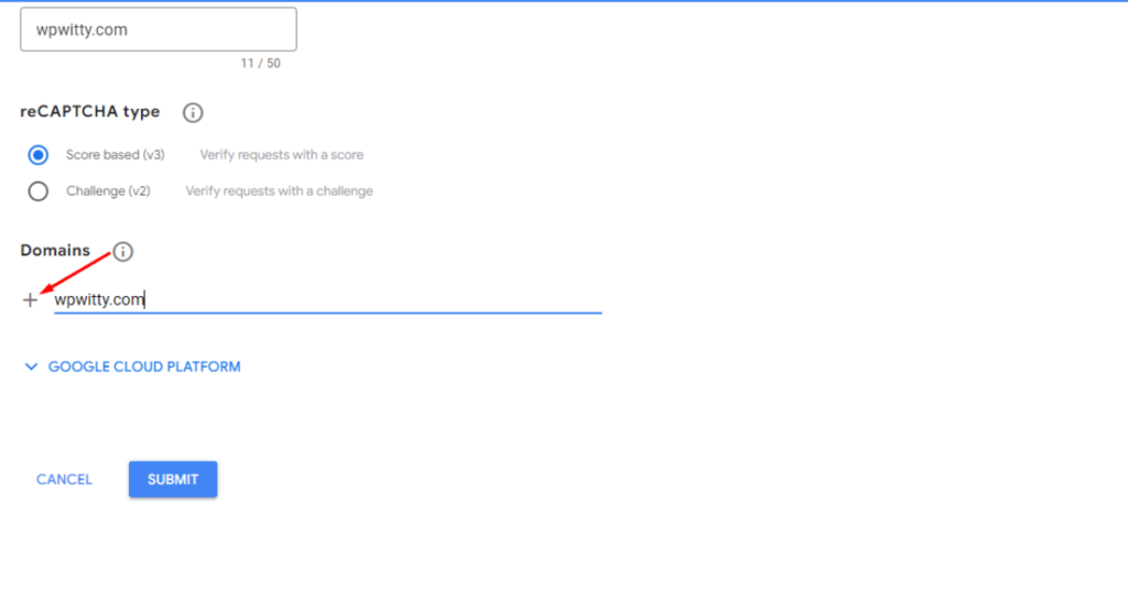 Click plus icon to add a domain under domains in Google reCAPTCHA