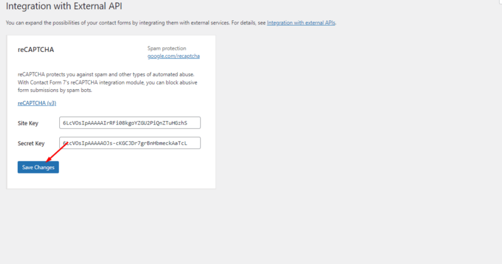 Click save changes button in reCAPTCHA in Contact Form 7