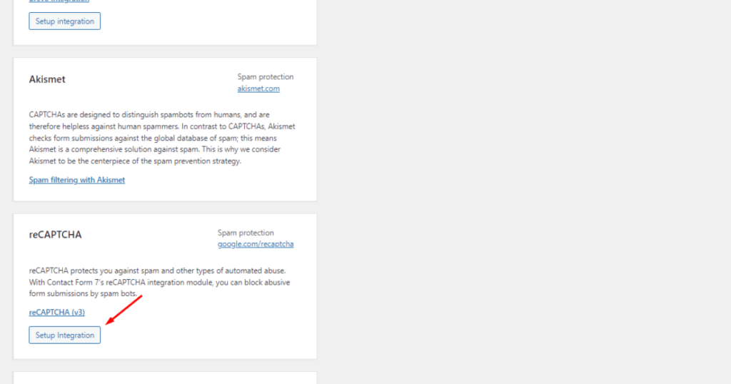Click setup integration button of reCAPTCHA in Contact Form 7