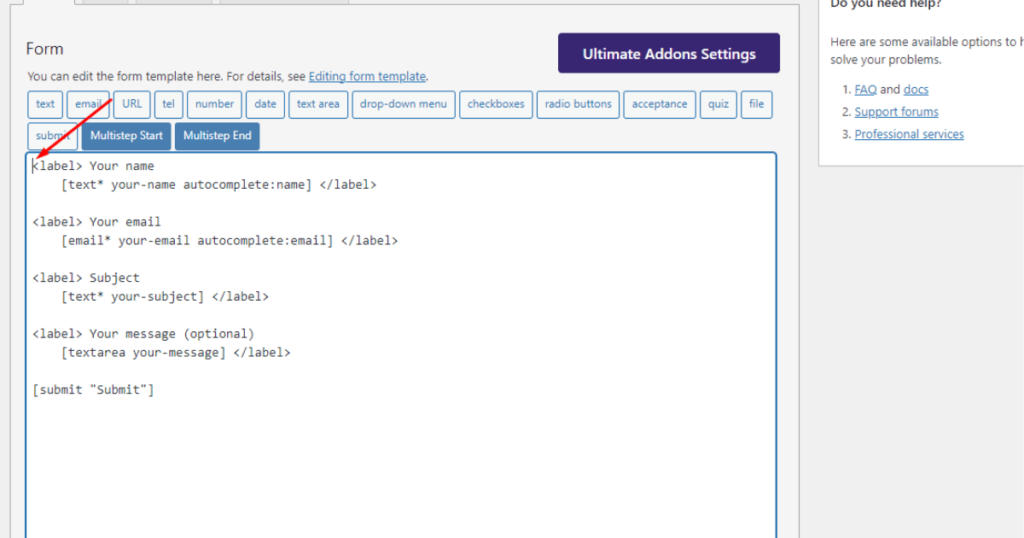 Click somewhere inside the form template editor