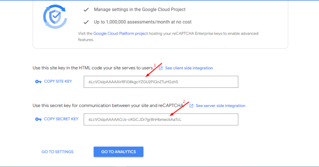 Copy SITE and SECRET KEYS in Google reCAPTCHA