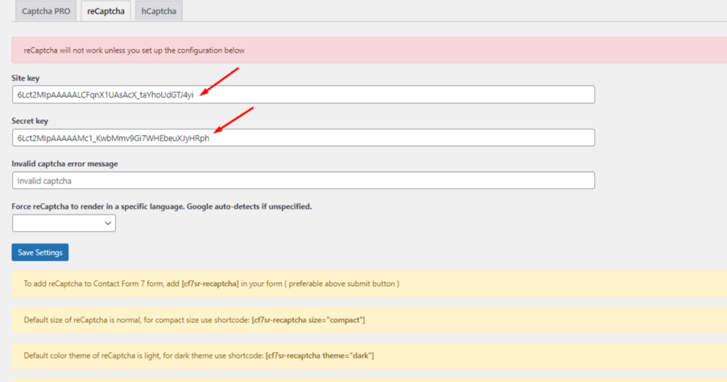 Input Site and Secret keys in Contact Form 7 Captcha
