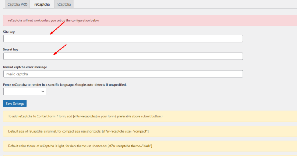 Screenshot of Site and Secret key fields in Contact Form 7 Captcha_s setting