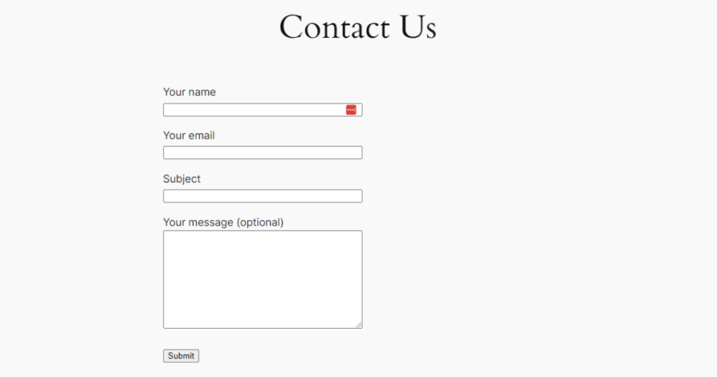 Screenshot of Contact Us page