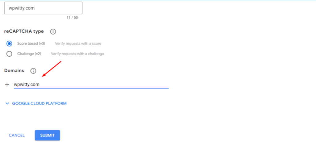 Type domain URL in domains field in Google reCAPTCHA