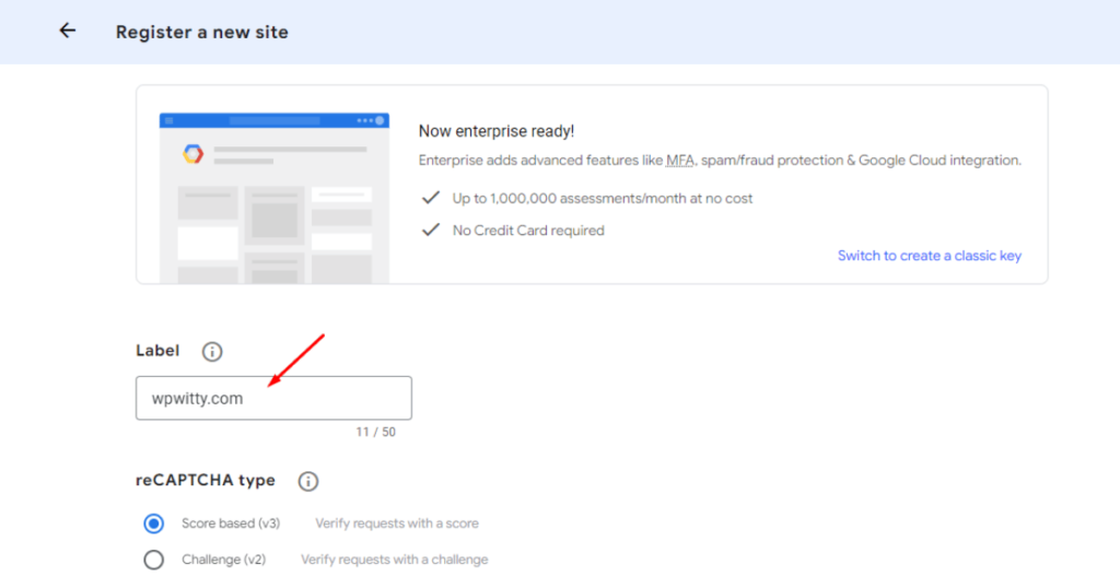 Type your domain in the Label field in Google reCAPTCHA