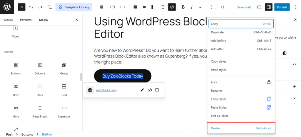 deleting a block in WordPress Block Editor