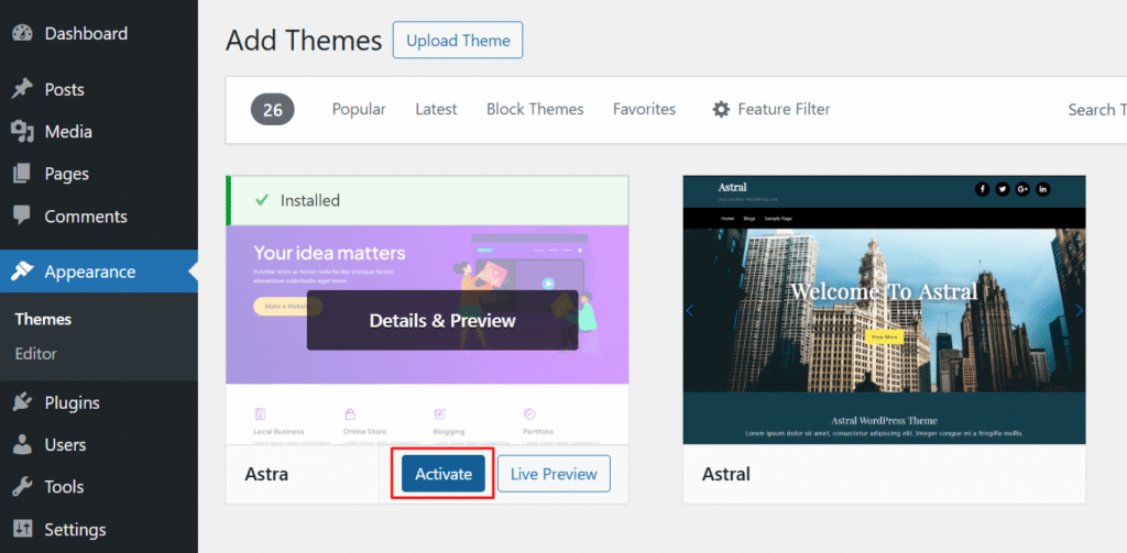 activating a new theme from WordPress dashboard