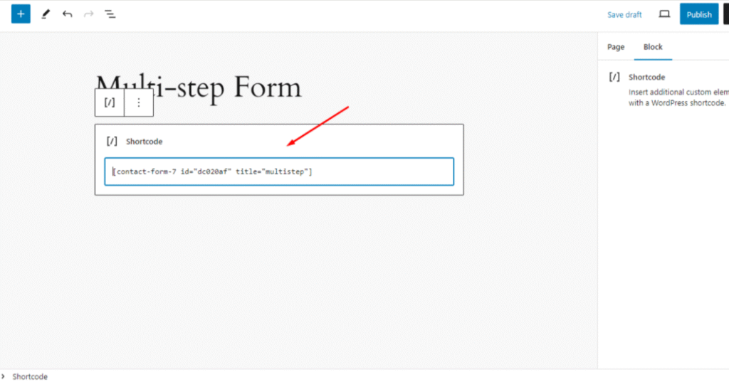 Pasting the shortcode to create a contact form