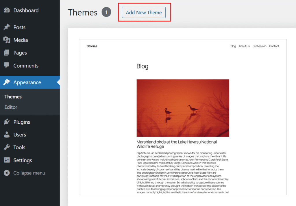 Install New Theme from your WordPress dashboard