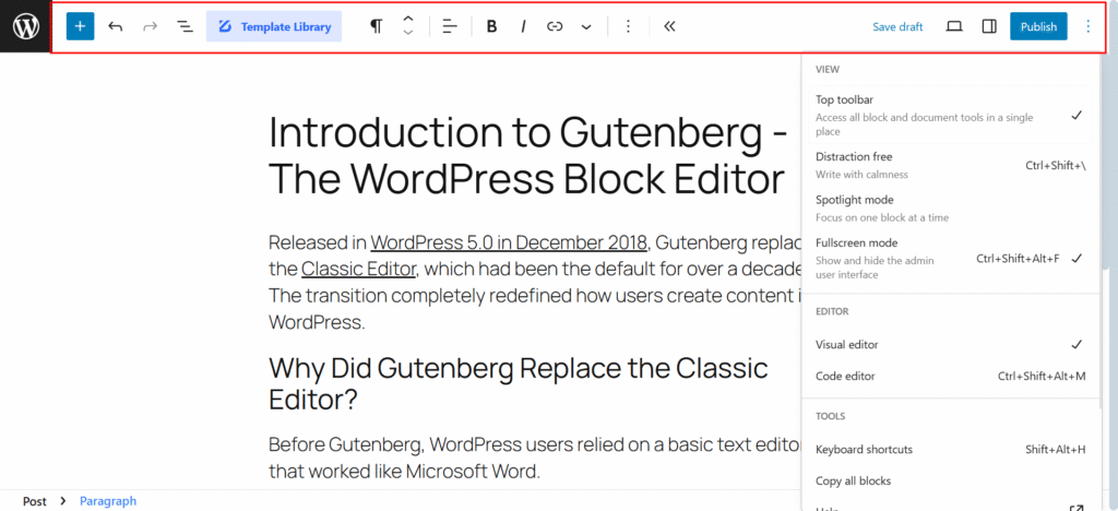 Top Toolbar - Gutenberg Block Editor