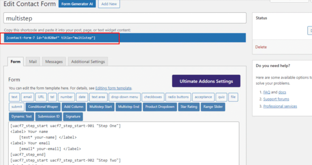 copying contact form shortcode