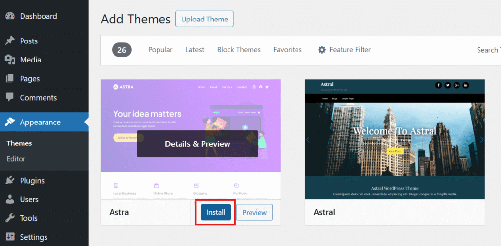 installing a new theme from WordPress dashboard