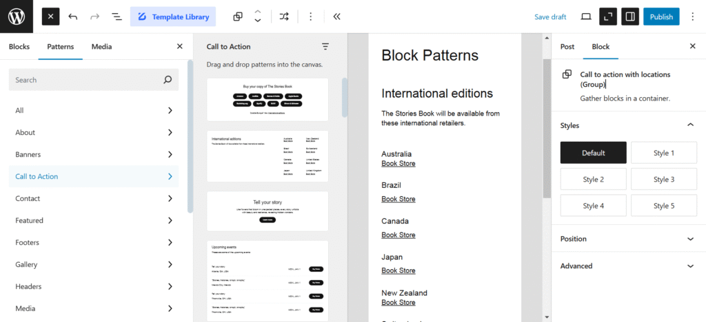 using patterns and sytles form block editor